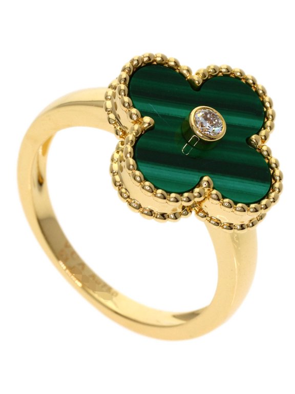 Pre-Owned Van Cleef & Arpels Vintage Alhambra Malachite Ring #53, 18K Yellow Gold, Women's.
