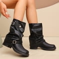thumbnail image 4 of hopeusnice Women Mid Calf Slouch Boots With Double Buckle Straps Low Heel Leather Upper For Edgy And Casual Style Black 36, 4 of 8