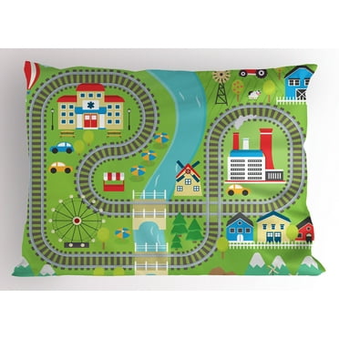 Ambesonne Cartoon Activity Pillow Sham, Country Town, 26" X 20", Multicolor