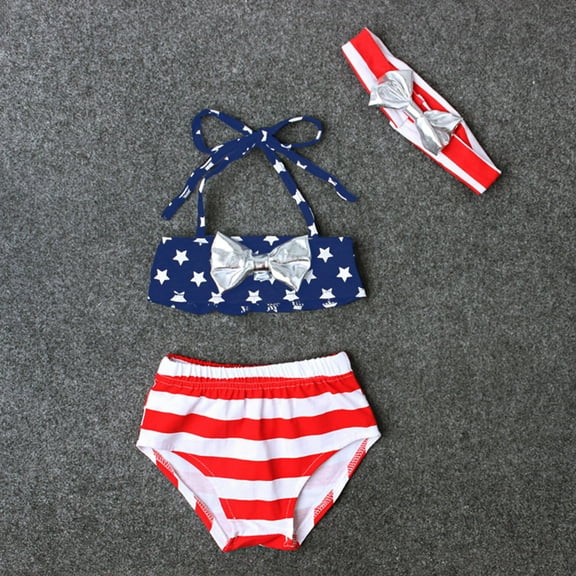 Nrmvnmi Toddler Girls 4th of July Swimsuit American Flag Star Stripe 3 Piece Bathing Suits Beach Baby Pool Bikini Bathing Suit For 12 Months-5 Years