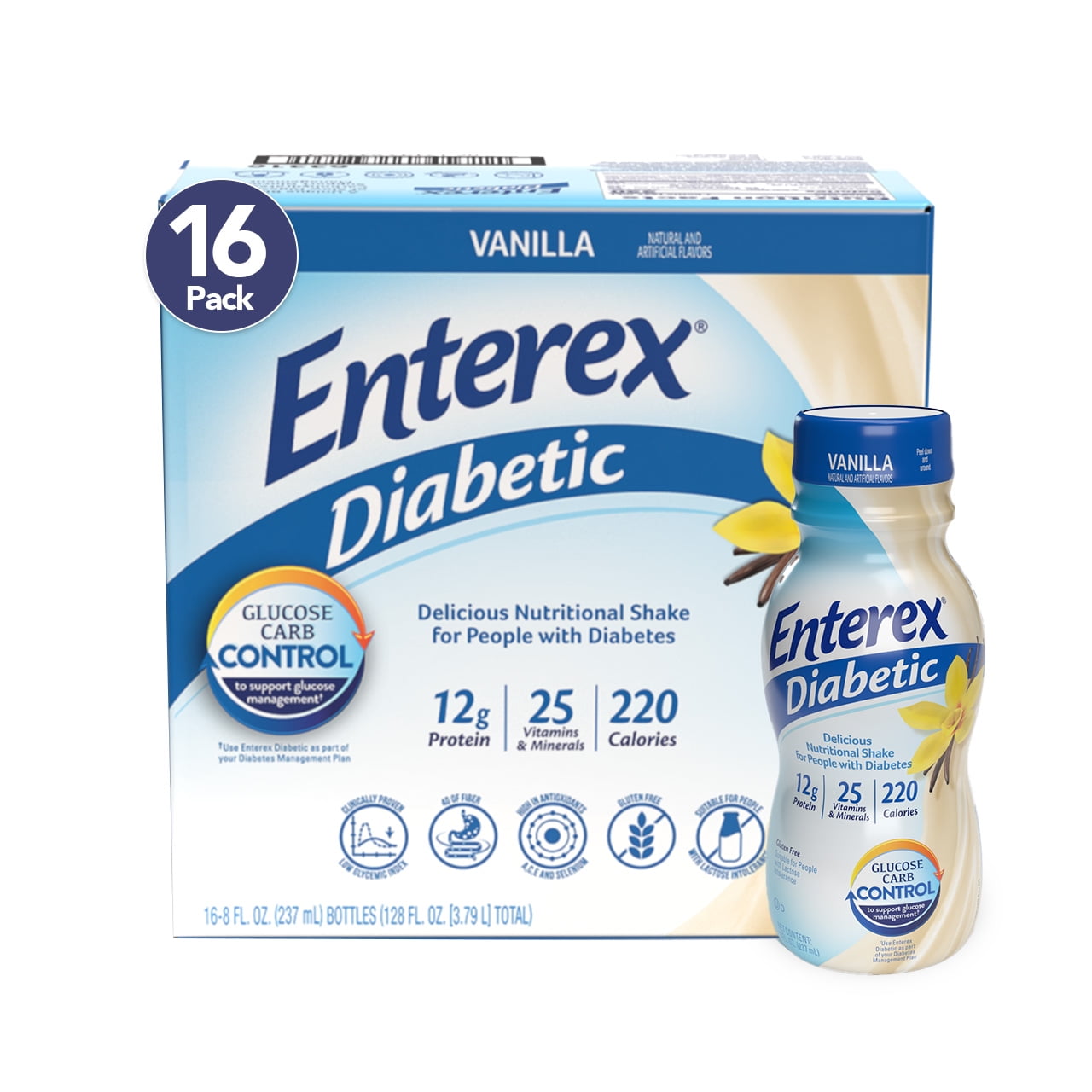 Enterex Diabetic Nutritional Meal Replacement Shake,for People with Diabetes,Vanilla,8 fl oz,16 Pack