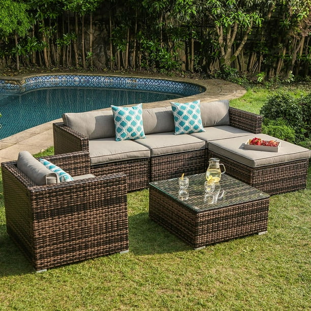 Cosiest 6 Piece Outdoor Furniture All Weather Mottlewood Brown Wicker Sectional Sofa W Warm Gray Thick Cushions Glass Top Coffee Table 3 Teal Pattern Pillows Incl Waterproof Cover Clips Com Cosiest 6 Piece Outdoor Furniture All, Patio Table Glass Top Clips