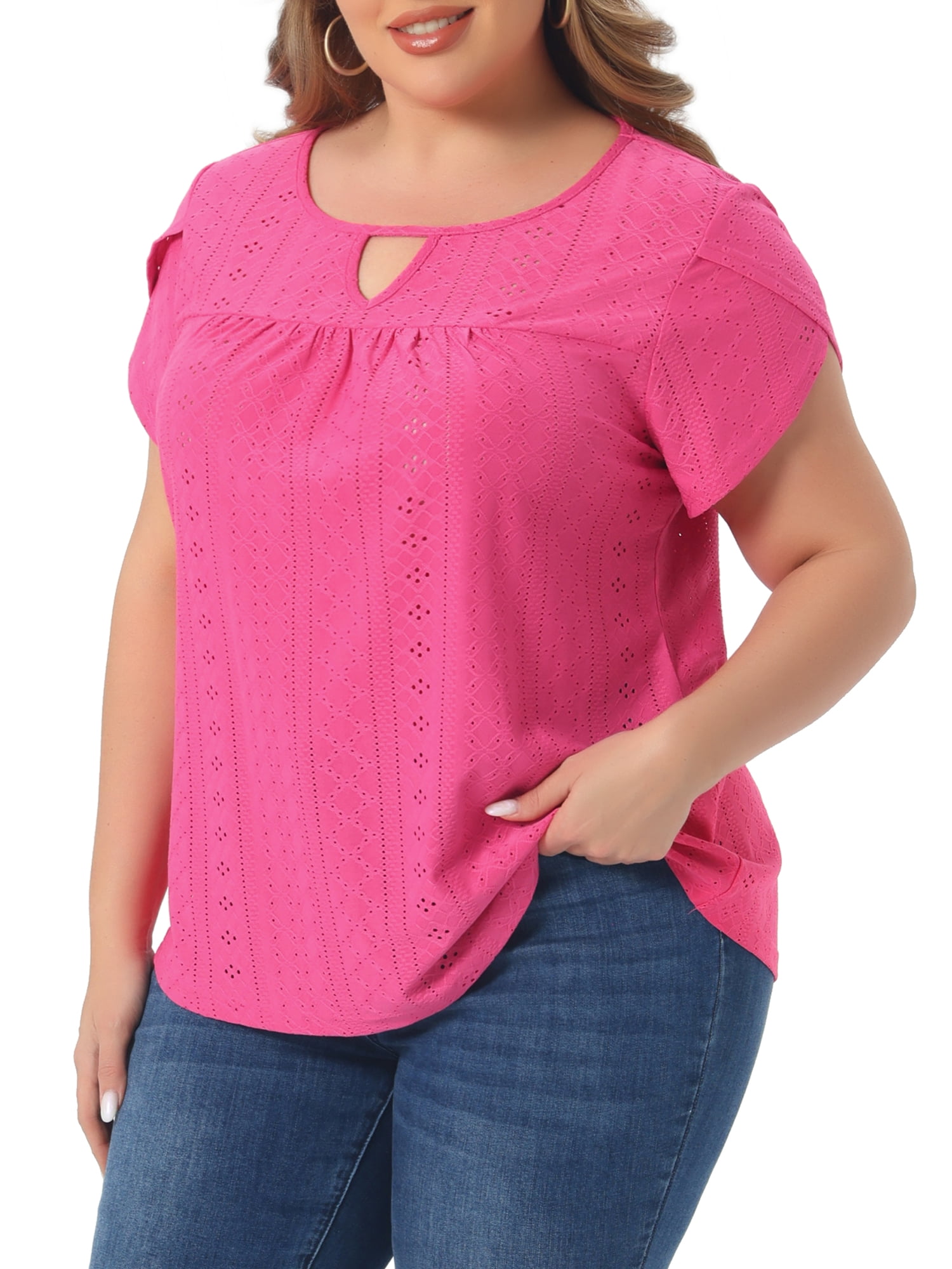 Women's Plus Petal Sleeve Keyhole Neck Loose Fit Casual Top for Women 2X Hot Pink