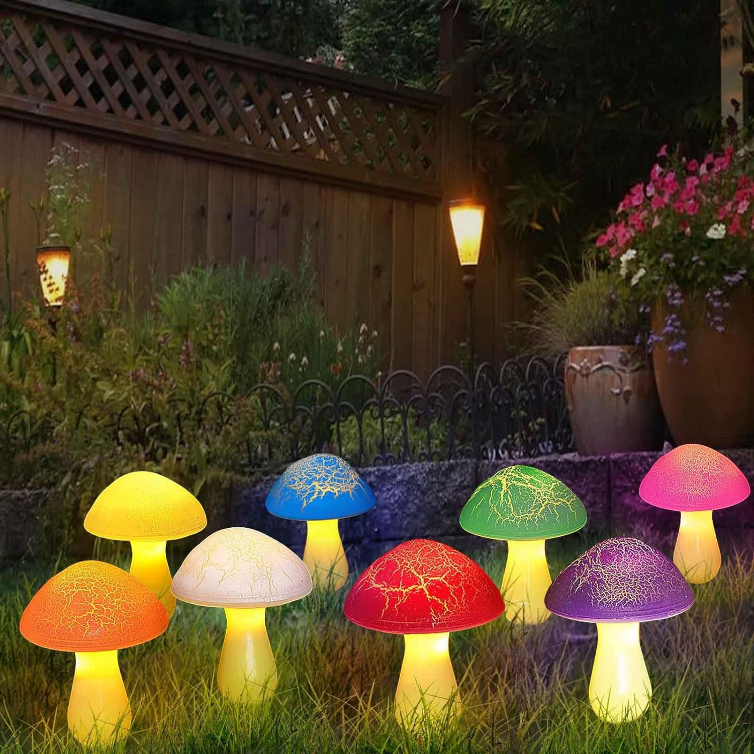 BIBEARBIBEAR 8-Pack Cracked Mushrooms for Garden Decor, Solar Mushroom Lights Outdoor, Super Cute Whimsical Garden Art for Yard Decor Gnome Flowerbed Housewarming Decor(Multicolored)
