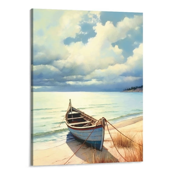 Creowell Coastal Canvas Wall Art Boat Summer Pictures Seascape Boat Painting Mountain Scenery Farmhouse Prints Artwork Framed for Bathroom Living Room Bedroom Dinning Room Wall Decor 16x20 Inch