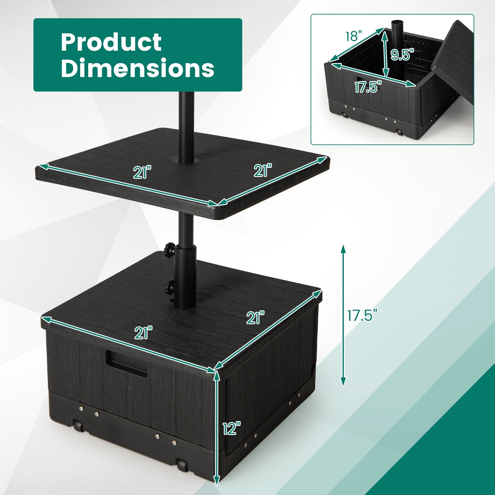 Amijoy 175 LBS Outdoor Fillable Umbrella Base w/ Table Tray, Weighted Bag, Wheel, Handle, 3-in-1 Coffee End Table Planter Box Umbrella Stand