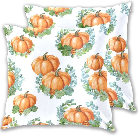 Pumpkins and Green Leaves Thanksgiving Throw Pillow Covers Pillowcases 16 x 16 Inch Home Decor 2 Packs for Bedroom Sofa