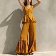 thumbnail image 5 of Womens Casual Two Piece Outfit V Neck Sleeveless Button Peplum Top High Waist Ruffle Hem Wide Leg Pants Solid Color Elegant Set Yellow XL(XL), 5 of 7