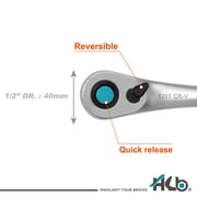 HB 1/2 Drive 120-Tooth Ratchet Handle AHU027-U | 3° Arc Swing Quick Release & Reversible Switch | Offset Ergonomic Grip with Hanging Hole | Micro Chrome Finish | Chrome Vanadium Steel Made in Taiwan