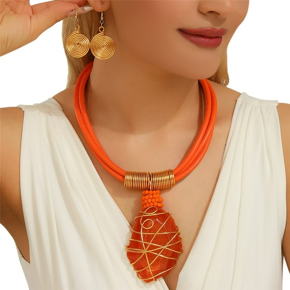 Chunky African Statement Necklace With Resin Pendant and Earring Set For Women Tribal Fashion Costume Jewelry Earring Sets Unique Colorful Big Rhinestone Crystal Pendent Collar Choker