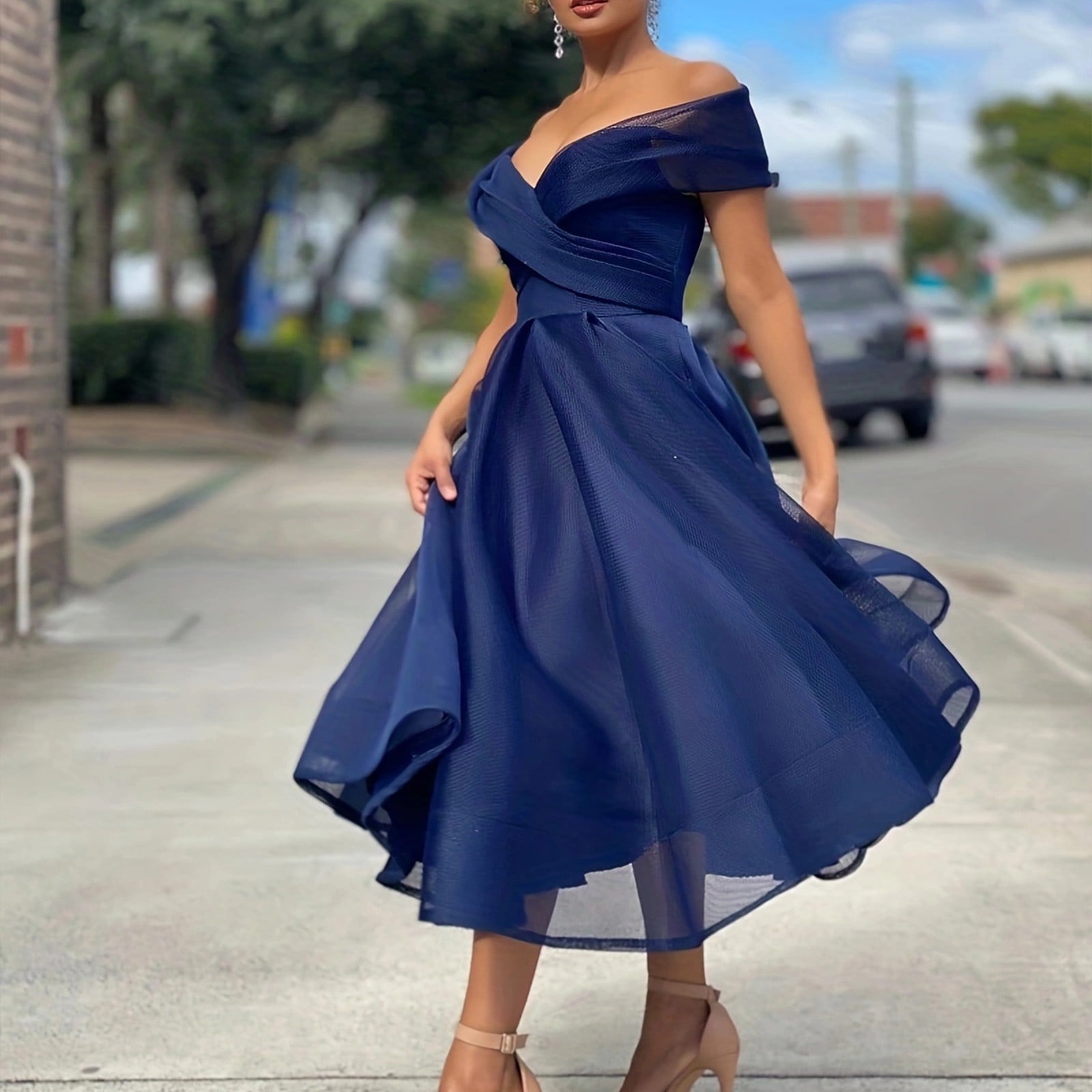 QIPOPIQ Women s Off Shoulder Prom Dresses Tea Length Tulle Ball Gowns Formal Dresses Beading Evening Gowns Summer Clearance Walmart