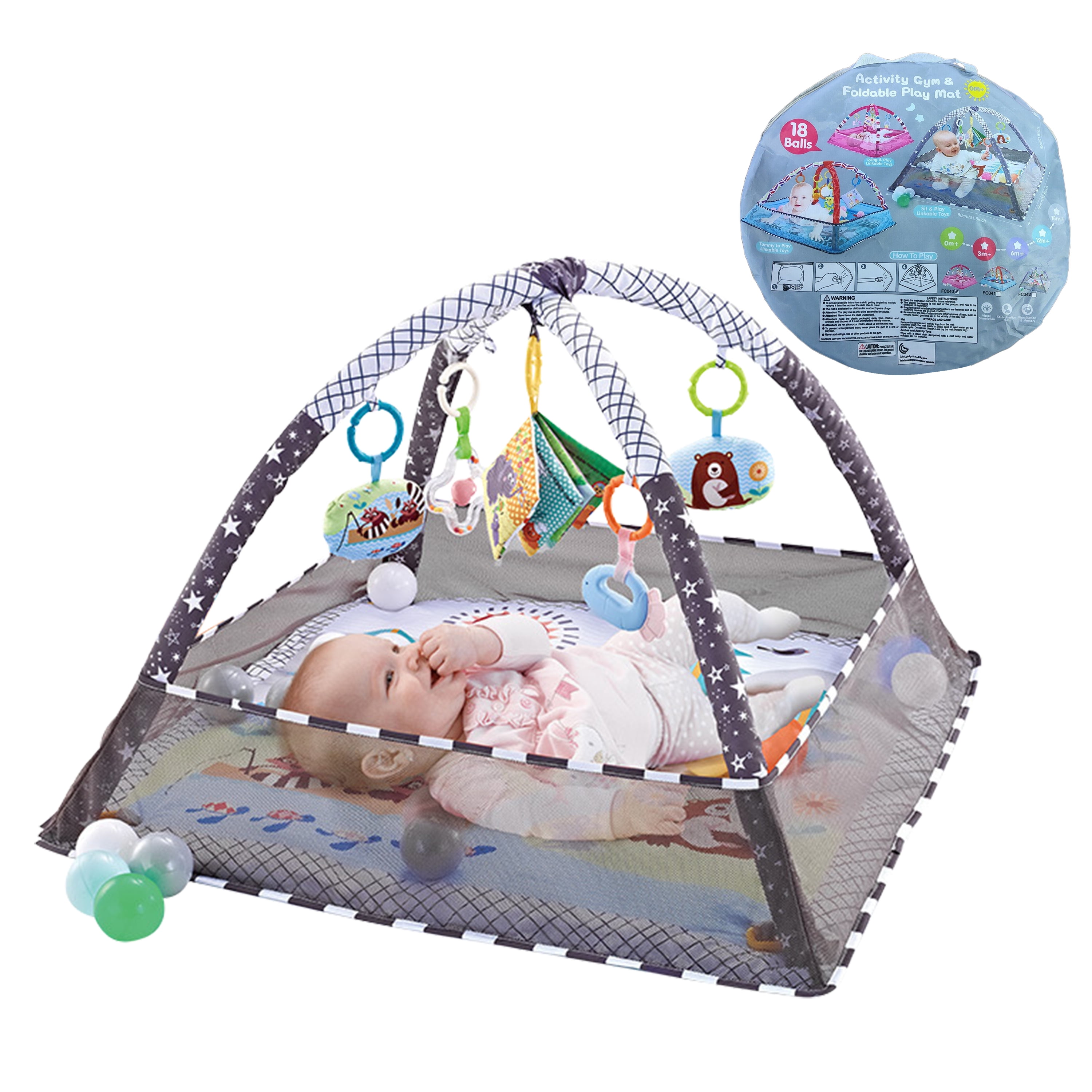 Baby Plays Mat Gym Activity Play Mat with 5 Hanging Toys & 18 Balls