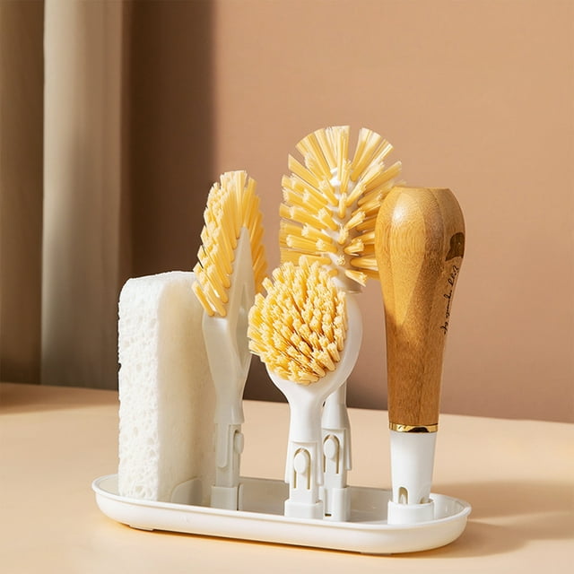 Juego de cepillos de cocina - 3 cabezas reemplazables, mango de madera, limpieza de grietas y tazas, cepillo ecológico para pulpa de madera para olla de algodón, base de almacenamiento, blanco