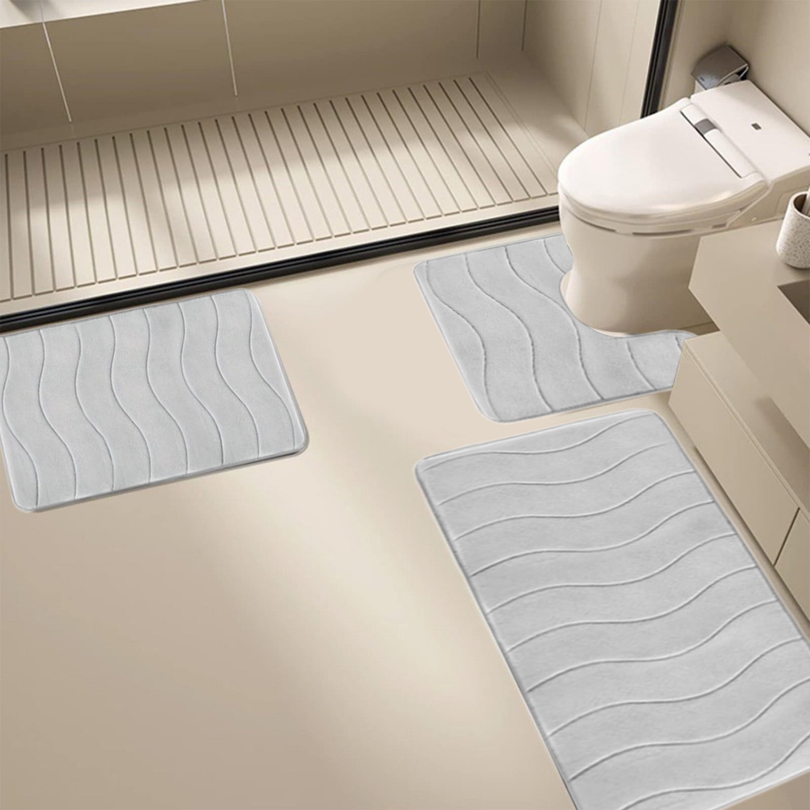 Beautynvta Memory Foam Bath Mat Set, 3 Pieces Quick-Dry Absorbent Bath Mats and U-Shaped Contour Rug for Bathroom, Non-Slip and Soft Comfortable, Gray