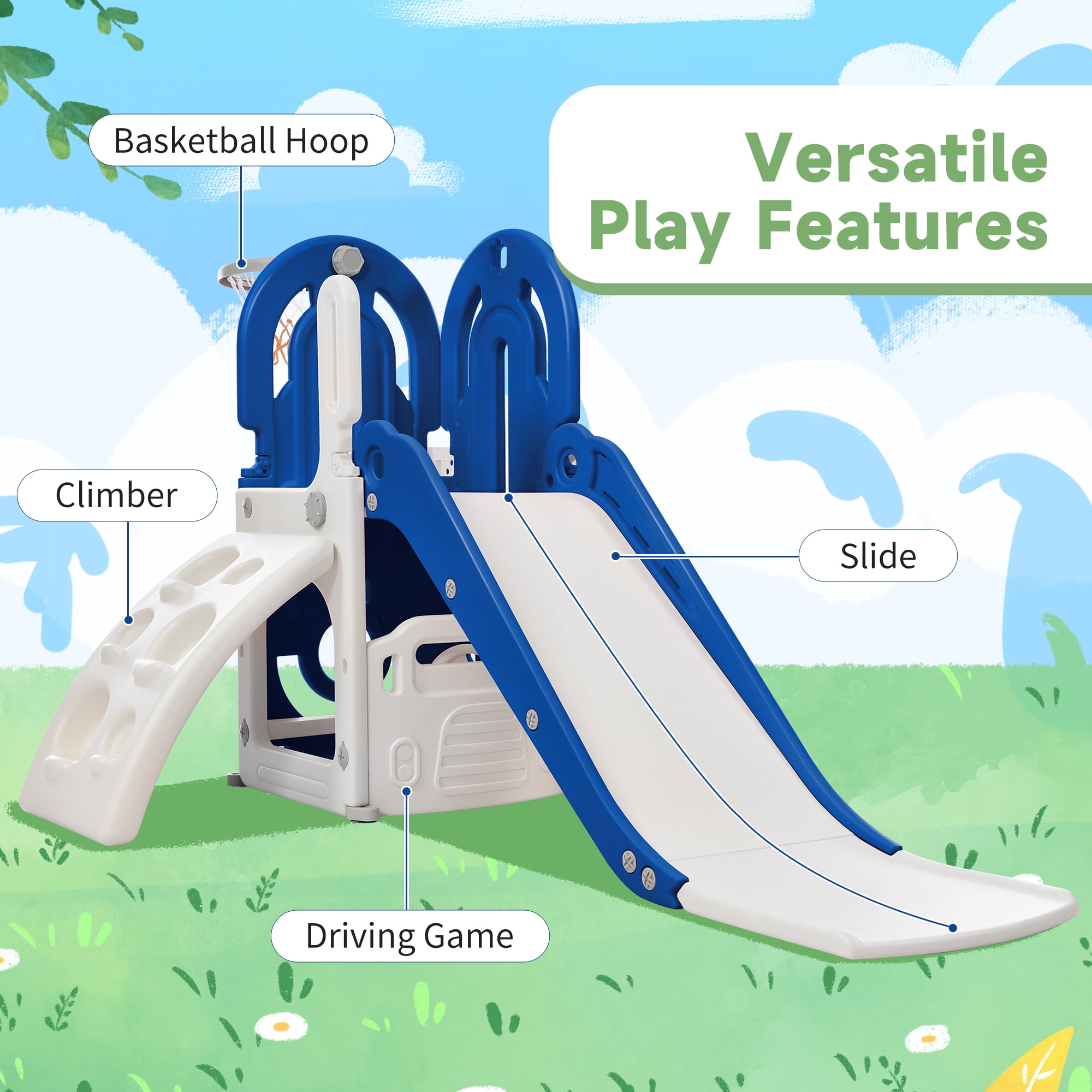 4 in 1 Toddler Climber and Slide Set with Basketball Hoop,Kids Climber & Bus Playhouse Slide Playse,Blue