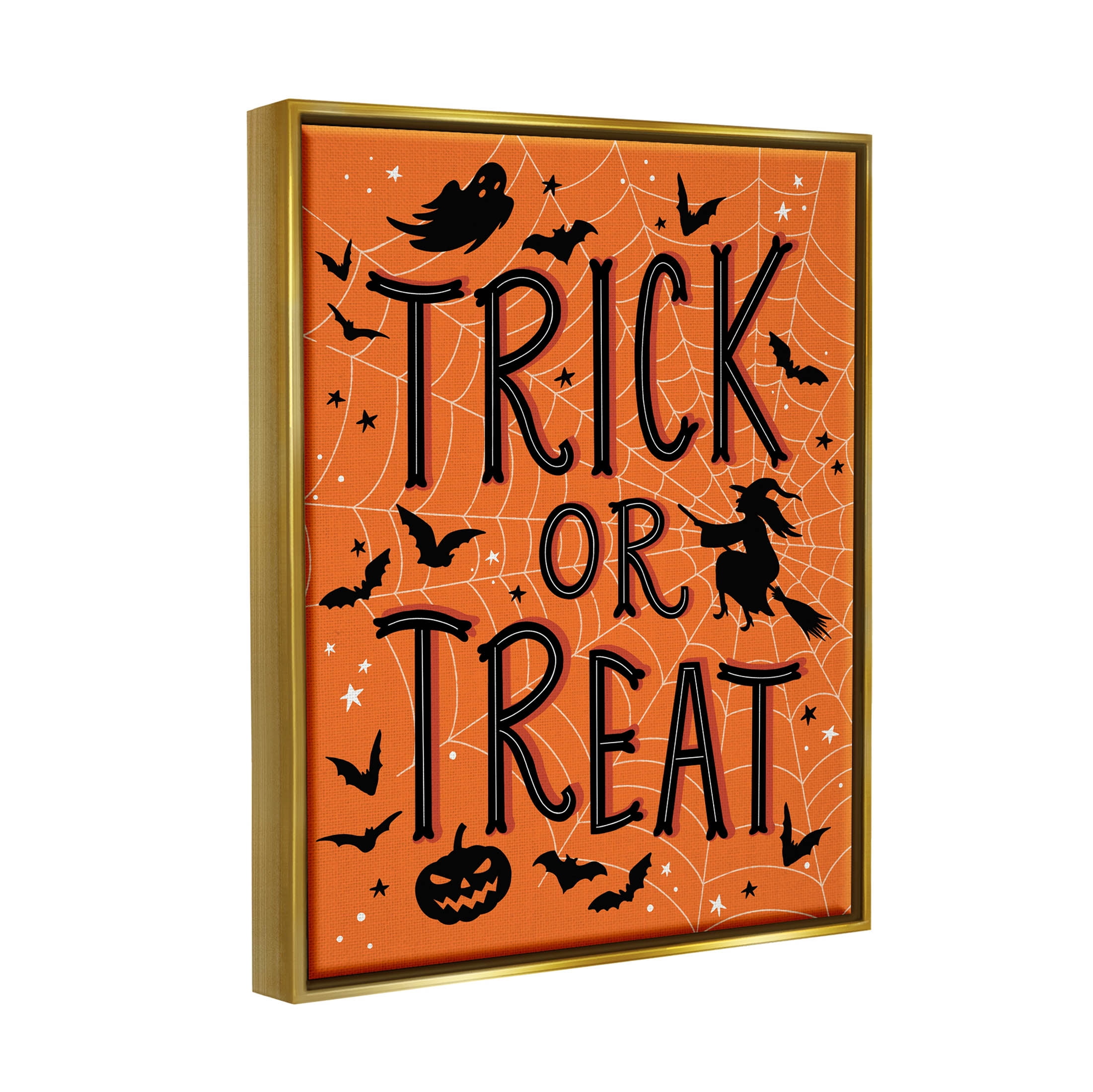 Stupell Industries Trick Or Treat Spider Web Graphic Art Metallic Gold Floating Framed Canvas Print Wall Art, Design by Nina Seven