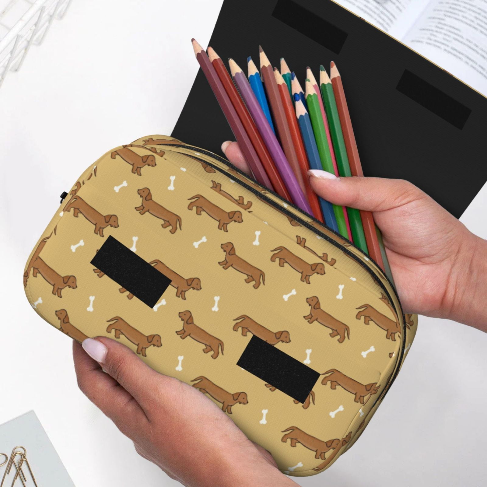 Rateoe Dachshund Dog Puppy Pattern Double Clamshell Pen Case, Storage Organizer with Two Zipper Compartments– Holds Up to 50 Pencils & Pens
