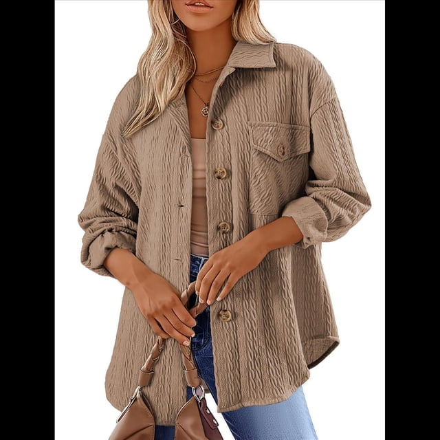 Camisas de Punto Extragrandes para Mujer, Blusas de Trabajo de Larga con Botones, Blusas de Moda de Otoño. Caqui XXL