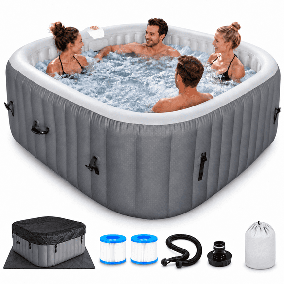 Altrenxs Inflatable Hot Tub, 73" Square Outdoor Spa for 4-6 Person, 130 Bubble Jets, 104°F Heating, Reinforced PVC, Cover & Filter, Black