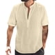thumbnail image 1 of Camisas Elvqul de Hombre Beige Casual de Color Sólido Cuello Mao Manga Corta, 1 of 5