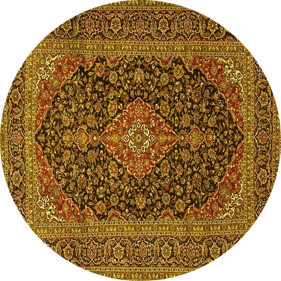 Ahgly Company Machine Washable Indoor Round Medallion Yellow Traditional Area Rugs, 8' Round