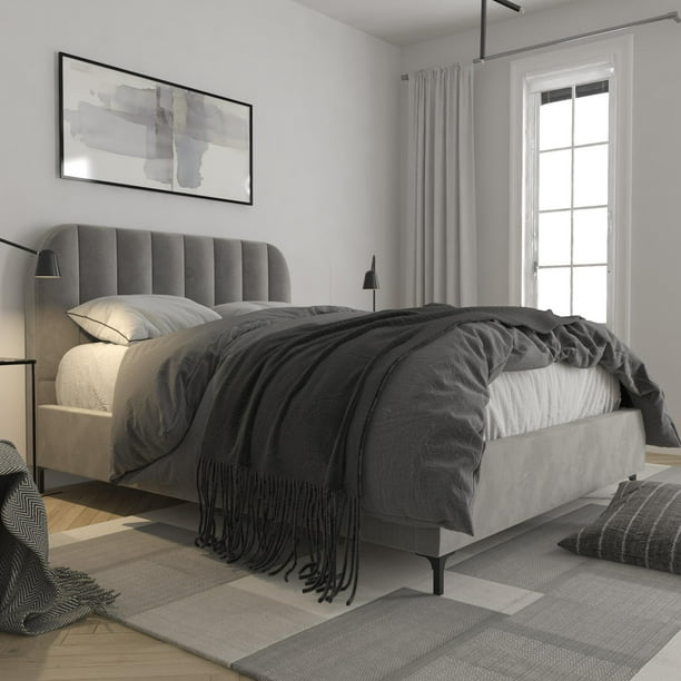 DHP Callie Upholstered Bed, Queen Size Frame, Light Gray Velvet