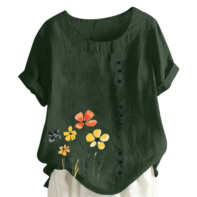 Pisexur Hauts d'Été pour Femmes, Hauts pour Femmes, Hauts de Sortie pour Femmes, Hauts pour Dames, T-Shirt d'Été à Col Rond Manches Courtes Mode Décontractée Imprimé Bouton Vert Armée,m