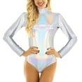 thumbnail image 4 of Aayomet Women's One Piece Shiny Metallic PVC Leather Mock Neck Long Sleeve Leotard Bodysuit (Skinny, L), 4 of 7