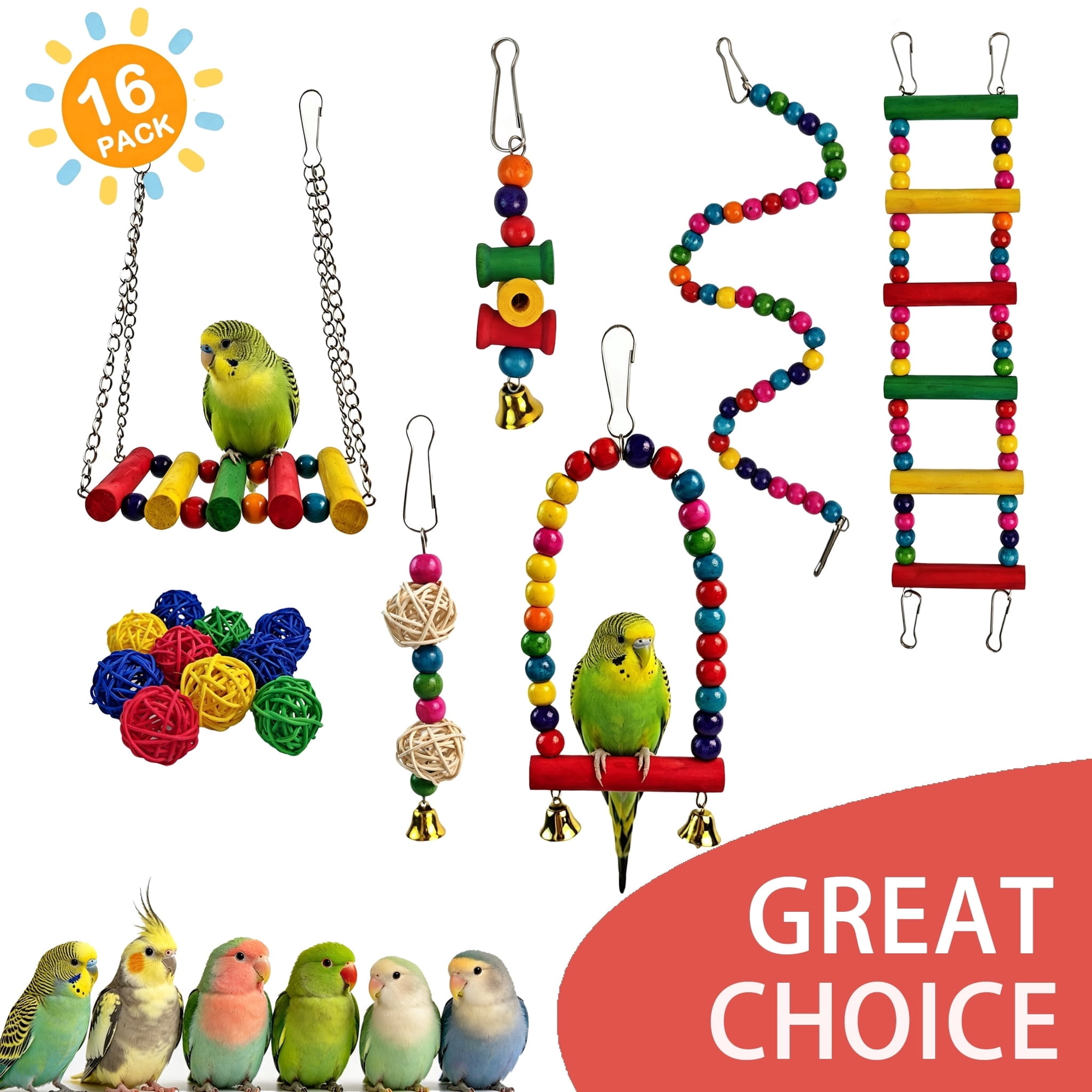 BellaNotes Bird Parakeet Toys - Swing Hanging Standing Chewing Hammock Climbing Ladder Bird Cage Colorful Toys Suitable for Budgerigar, Parakeet, Conure, Cockatiel, Mynah, Love Birds, Finches