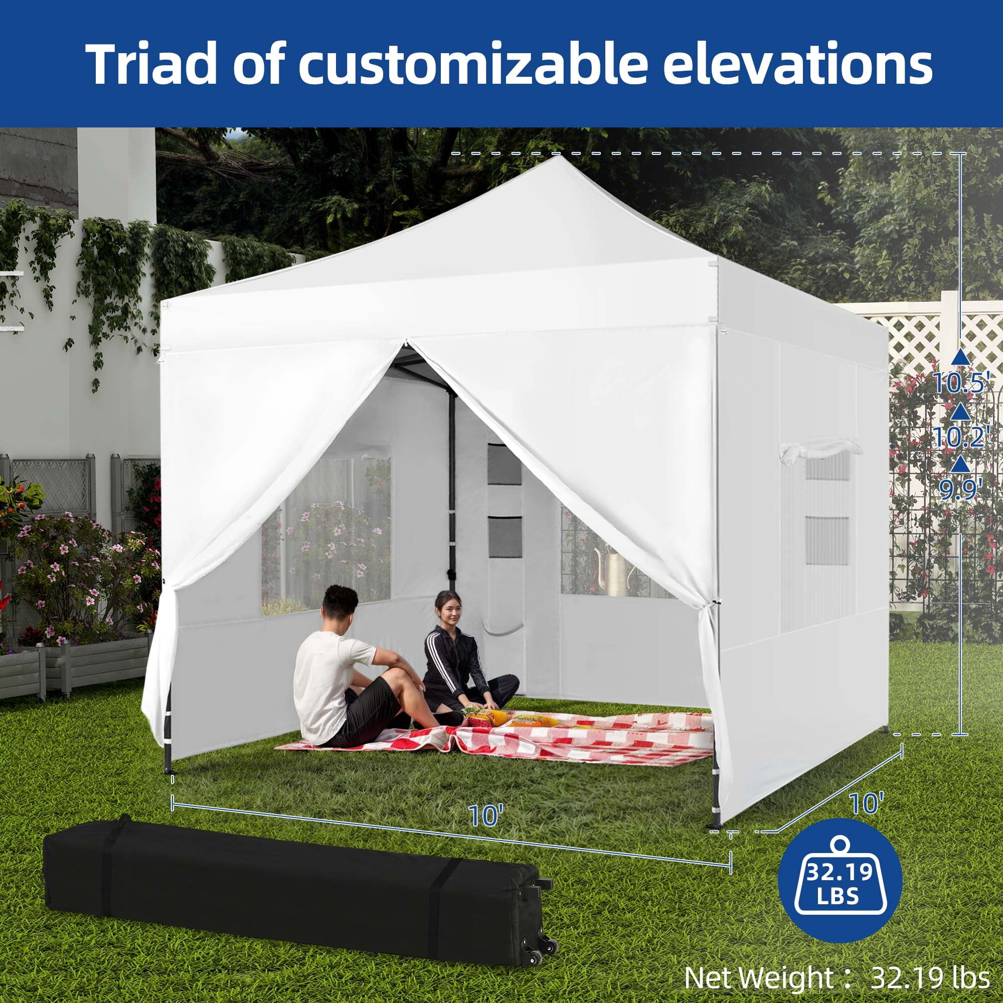 Uforic 10x10ft Outdoor Pop Up Canopy Tent with 4 Removable Sidewalls - White