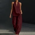 thumbnail image 2 of VISALY Womens Linen 2 Piece Sets Fashion Sleeveless V Neck Halter Top Matching Baggy Wide Leg Long Pants Set Summer Casual Outfits Trendy Loose Fit Cotton Linen Matching Lounge Set Wine M, 2 of 6