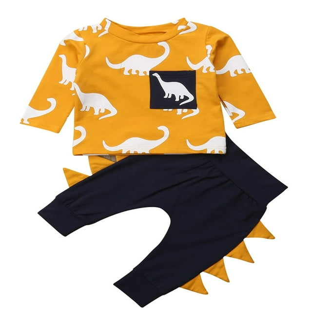 2 Pcs Ensemble de Vêtements d'Automne pour Garçon Tout-Petit Dinosaure T-Shirt à Manches Longues Col Rond + Pantalon Long