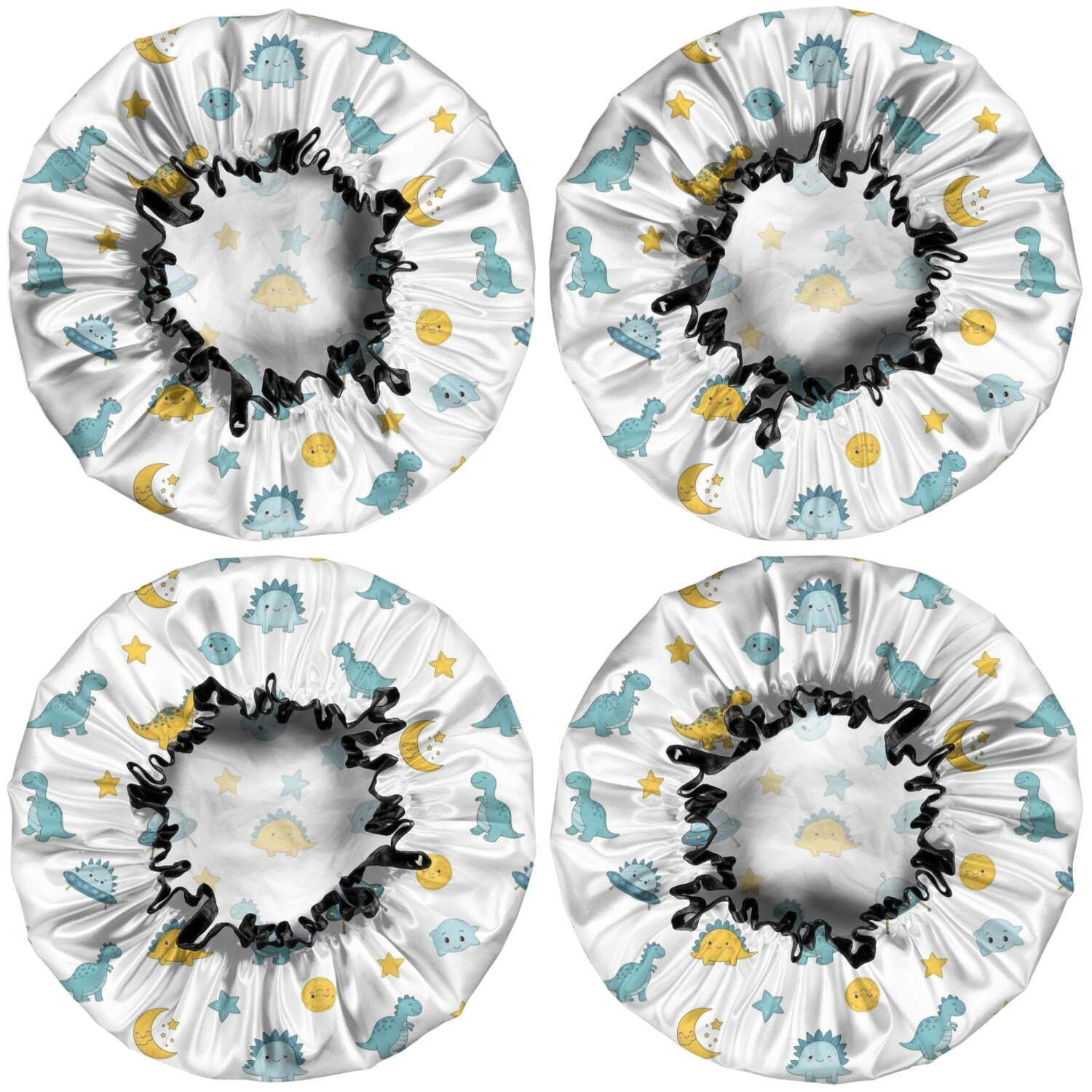 Shower Caps,White Cartoon Dinosaurs UFOs Stars Pattern Waterproof Shower Cap for Women 4 Pieces,Double Reusable Hair Cover for Shower PEVA Elastic Stretch Hem
