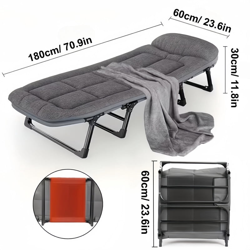 Heavy-Duty Folding Bed Frame with Adjustable Backrest, Portable Camping Cot, Indoor/Outdoor Daybed with Removable Pad