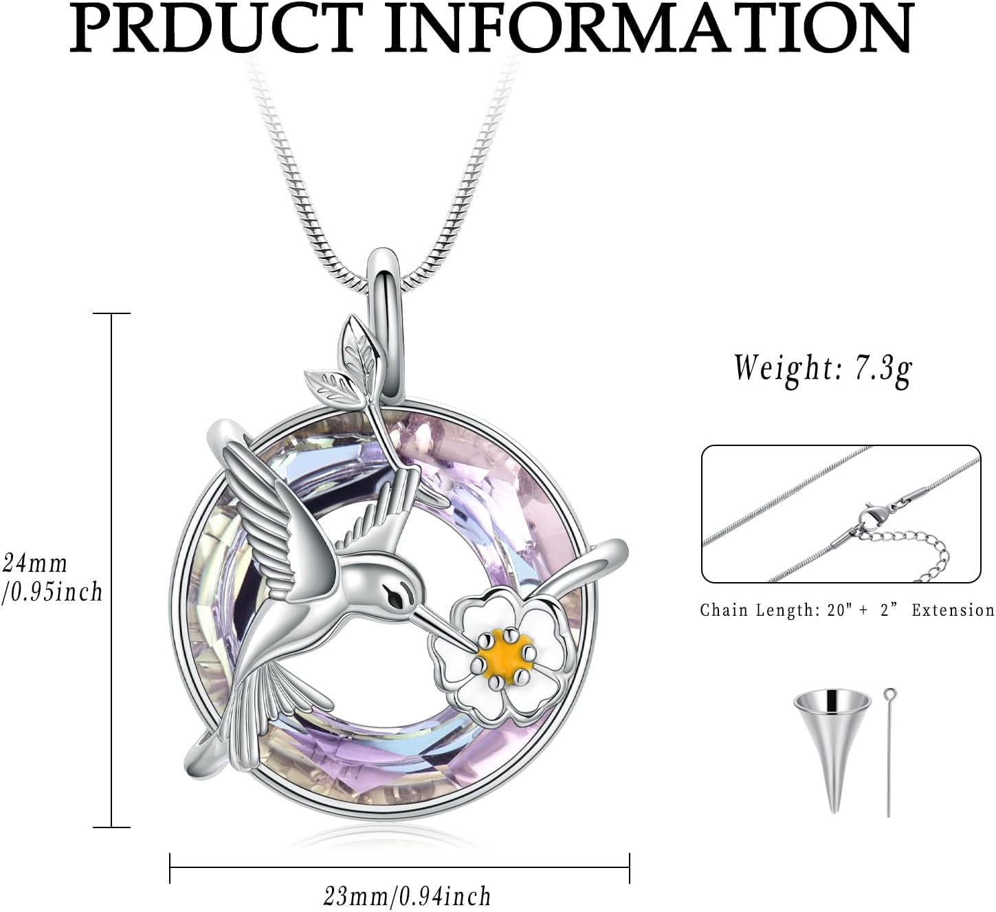 Hummingbird Quality Urn Necklace for Women Ashes Stainless Steel Bird Pendant Cremation Ashes Necklace with Crystal for Human Pets[k543]