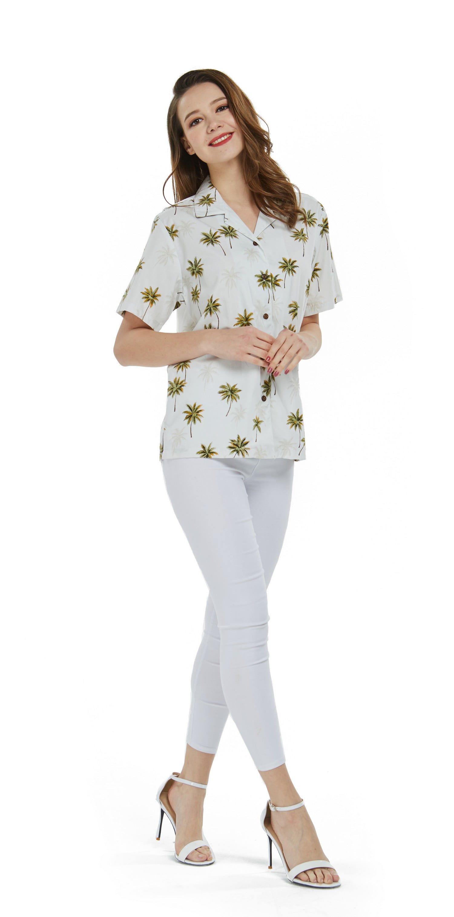 Made in Hawaii Women's Hawaiian Lady Aloha Shirt in Green Palms in