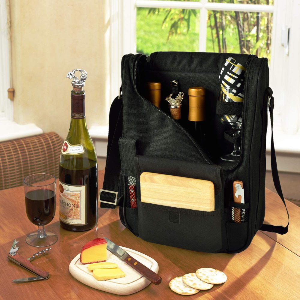 Wine Carrier Deluxe with Glass Wine Glasses and Accessories for Two Picnic at Ascot Black/Plaid 