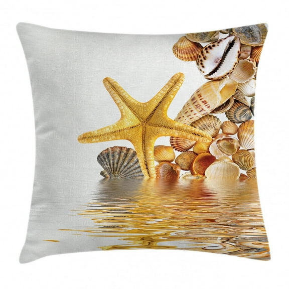 Seashells Throw Pillow Cushion Cover, Shells and Starfish in Golden Yellow Tones Reflection on Water Spa Concept Beach Theme, Decorative Square Accent Pillow Case, 16" X 16", Yellow Cream, Ambesonne