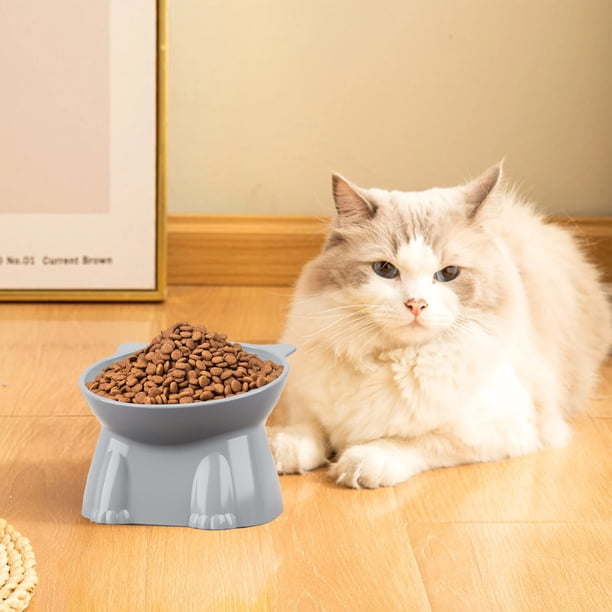 Comedero/Bebedero para Gatos de Plástico Gris de Gran Capacidad | Diseño Adorable | Capacidad de 250 Ml | Diseño Elevado para Proteger El Cuello | Tamaño: 12 X 10 X 9 Cm | 1 Unidad