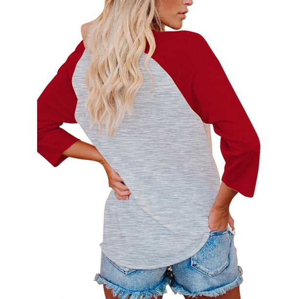 Minnieouse Camiseta de mezcla de algodón con cuello redondo, camisetas informales de manga 3/4, camiseta interior holgada informal de manga 3/4, ropa Prendas para la parte del cuerpo Manga 3/4 roja S Minnieouse AP003793-06