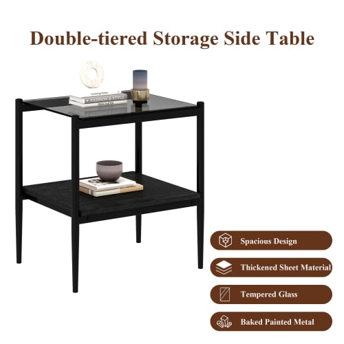 MOONMISS 2 Pack Rectangle End Table, Tempered Glass Top Side Table with MDF Frame, Modern Transparent Glass Accent Table for Living Room, Bedroom, Home Decor, Black