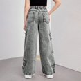 thumbnail image 5 of YunPes Girls Y2K Denim Pants Frayed Star Embroidered Wide Leg Pants with Elastic Waist Trendy Straight Leg Trousers Hip-Pop Streetwear, 5 of 6
