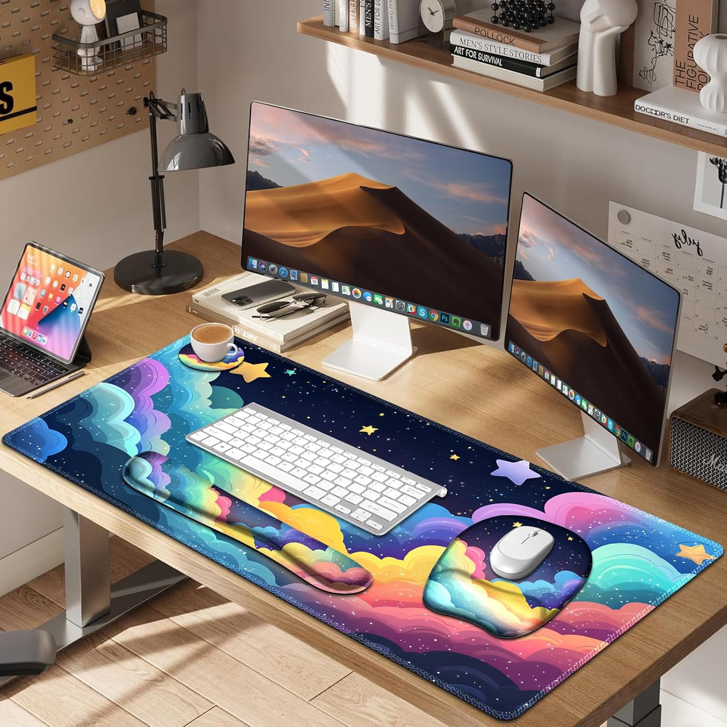 Mouse Pad with Wrist Support 4 in1 Set, XXL Big Game Mousepad + Keyboard Wrist Rest + Mouse Wrist Rest Pad +Coaster Gaming Mat for Home Office Work Computer Laptop I Colorful Clouds Starry Night