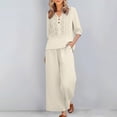 thumbnail image 4 of Linen Sets for Women 2 Piece 2026 Summer Plus Size 3/4 Sleeve Embroidered Tops Wide Leg Pants Casual Boho Beach Cute Outfits, 4 of 5
