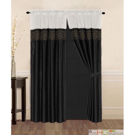 4 Pcs Satin Flocking Royal Floral Window Curtain Set Ivory Black