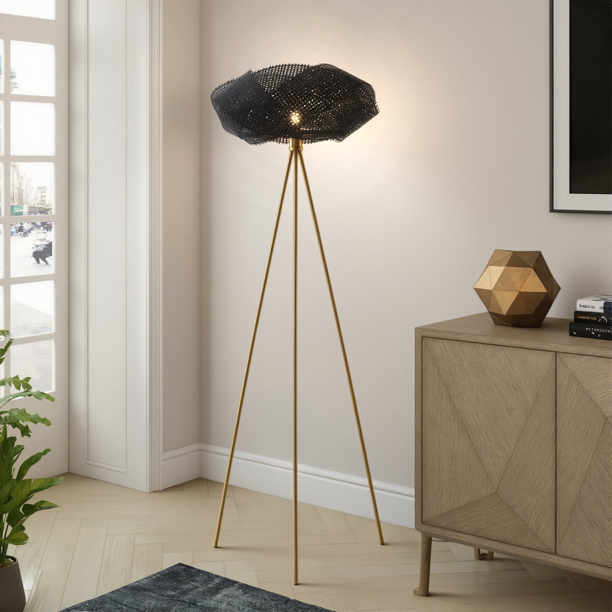 Handwoven Bamboo 64 Tall Tripod Floor Lamp, Boho Lotus-Shaped Woven Floor Lamp with Black Metal Stand,Floor Lamp for Living Room Bedroom Reading,Black