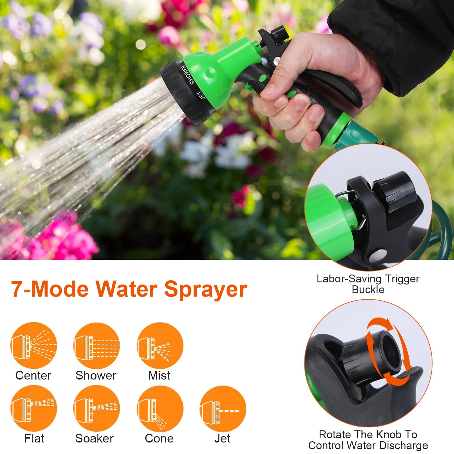 EVA Recoil Garden Hose 65ft Flexible 7 Pattern Spray Nozzle Garden Water Hose with 3/4" and 1/2" Adapter for Boat Greenhouse Yard Patio Green