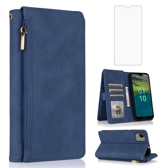 Asuwish Wallet Kickstand Hard Shell Cell Phone Case with Tempered Glass Screen Protector for Nokia C110, Blue