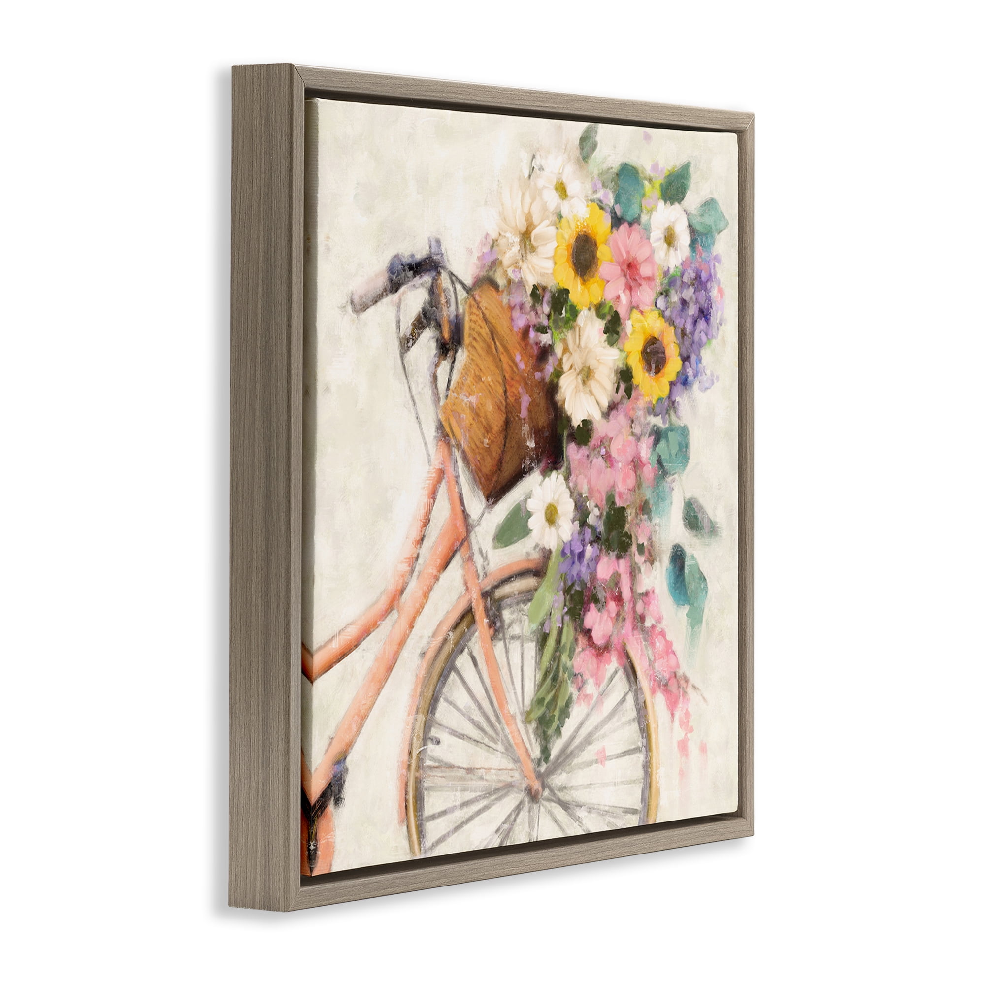 Stupell Industries Flower Swathed Bicycle Transportation Painting Brown Floater Framed Canvas Art Print Wall Art, 18 x 18