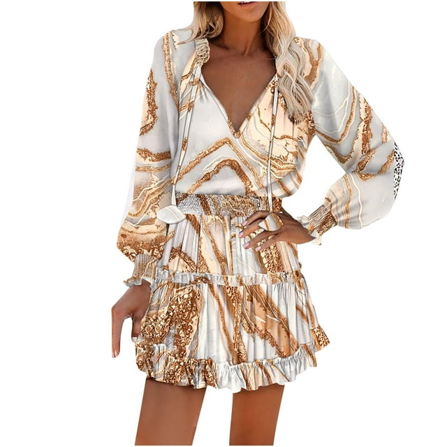 Birdeem Robe d'Été Décontractée à Manches Longues Col en V avec Ceinture Élastique pour Femmes
